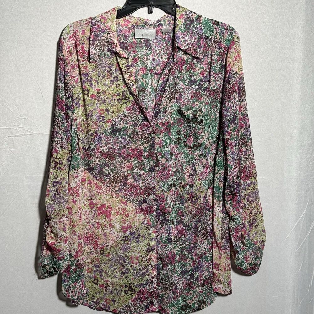 Avenue Blouse 18/20 Plus Floral Semi Sheer Button Front Long Sleeve Boho Career